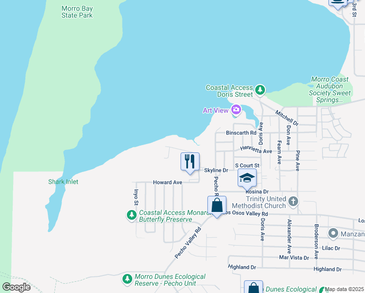 map of restaurants, bars, coffee shops, grocery stores, and more near 242 Butte Drive in Baywood-Los Osos