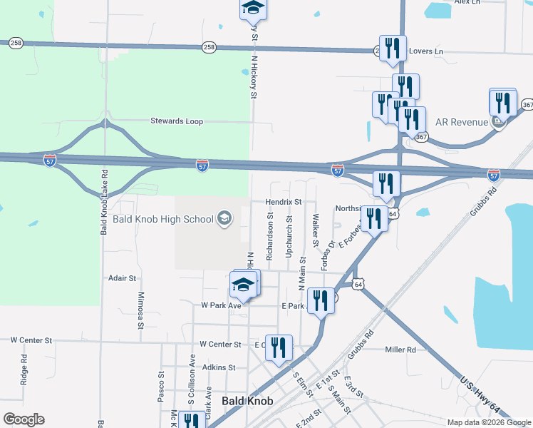 map of restaurants, bars, coffee shops, grocery stores, and more near 710 Richardson Street in Bald Knob