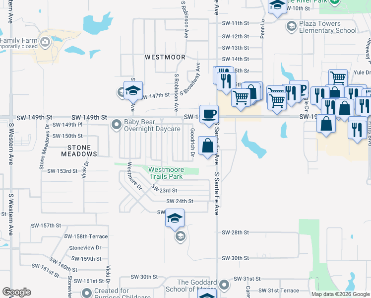 map of restaurants, bars, coffee shops, grocery stores, and more near 2132 Meench Drive in Oklahoma City