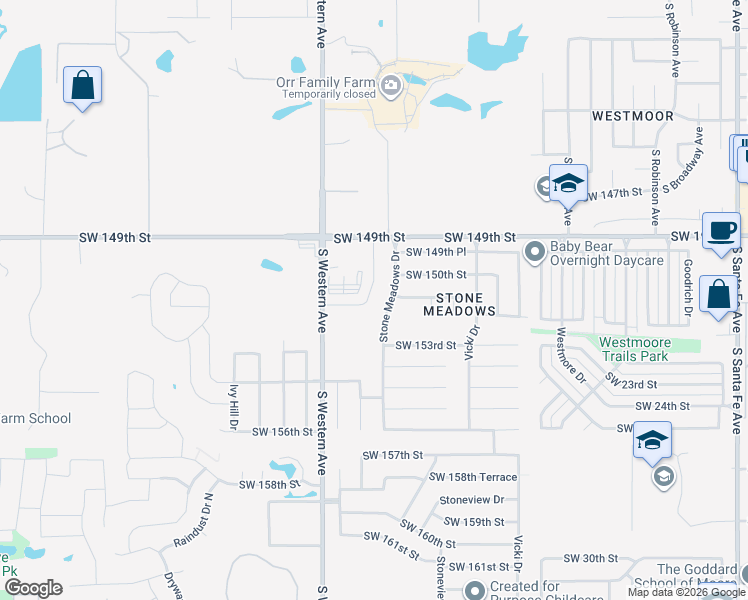 map of restaurants, bars, coffee shops, grocery stores, and more near 724 Southwest 151st Street in Oklahoma City