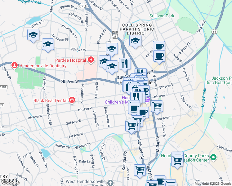map of restaurants, bars, coffee shops, grocery stores, and more near 317 5th Avenue West in Hendersonville
