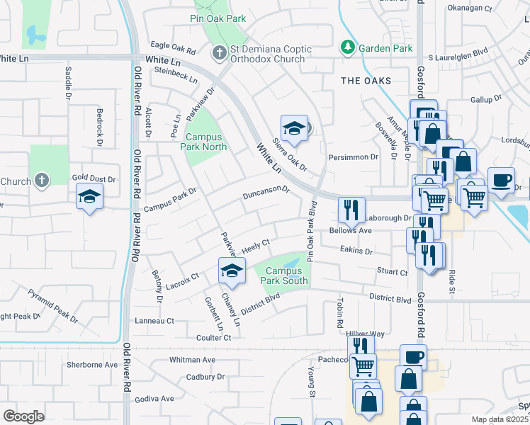 map of restaurants, bars, coffee shops, grocery stores, and more near 8909 Gleeson Ct in Bakersfield