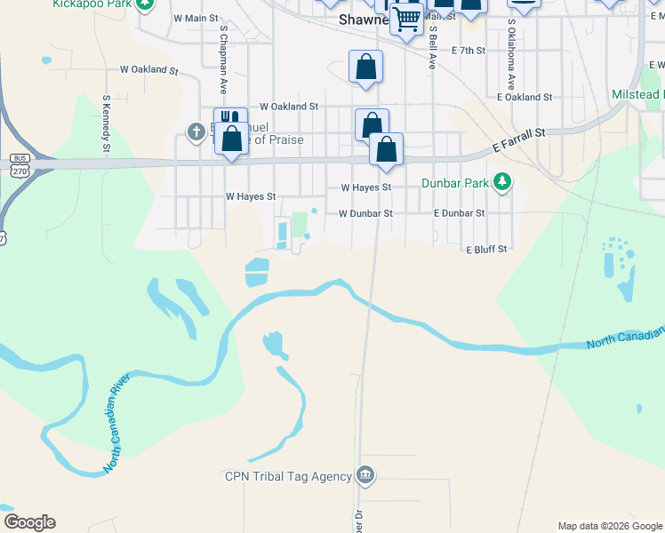 map of restaurants, bars, coffee shops, grocery stores, and more near 821 South Market Avenue in Shawnee