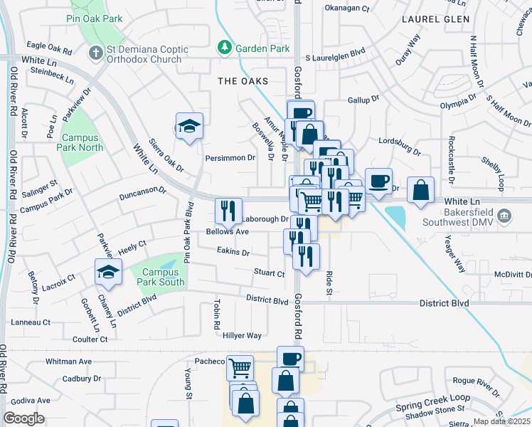 map of restaurants, bars, coffee shops, grocery stores, and more near 8208 Laborough Drive in Bakersfield