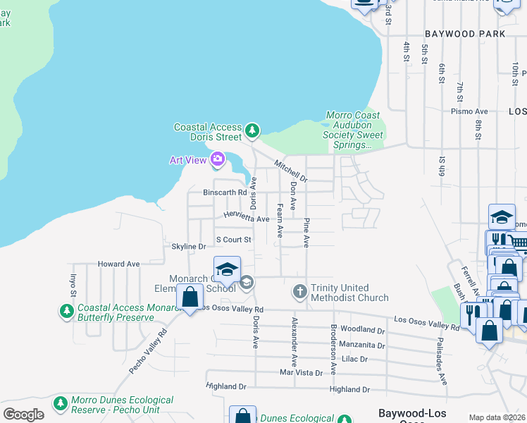 map of restaurants, bars, coffee shops, grocery stores, and more near 1871 Donna Avenue in Baywood-Los Osos