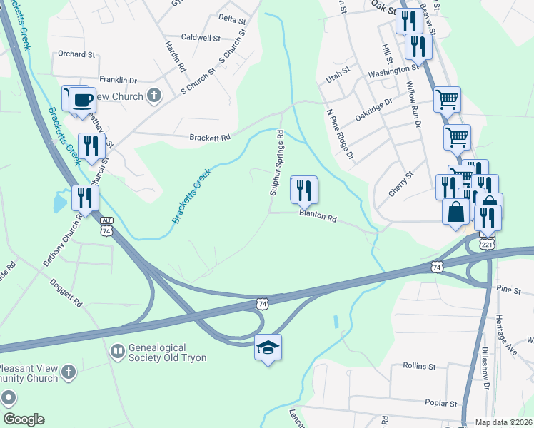map of restaurants, bars, coffee shops, grocery stores, and more near 114 Blanton Road in Forest City
