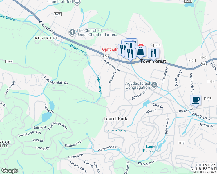 map of restaurants, bars, coffee shops, grocery stores, and more near 220 Daniel Drive in Laurel Park