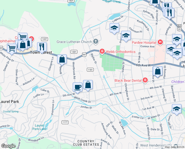 map of restaurants, bars, coffee shops, grocery stores, and more near 202 Iowa Street in Hendersonville