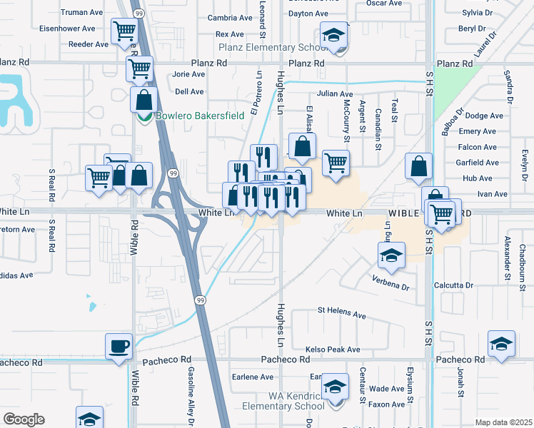 map of restaurants, bars, coffee shops, grocery stores, and more near 2513 White Lane in Bakersfield