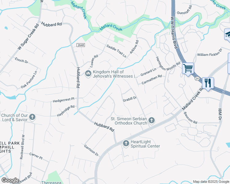 map of restaurants, bars, coffee shops, grocery stores, and more near 7522 Hubbard Woods Road in Charlotte