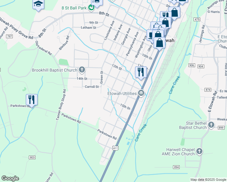 map of restaurants, bars, coffee shops, grocery stores, and more near 1401 Pennsylvania Avenue in Etowah