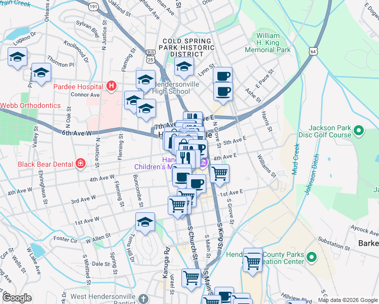 map of restaurants, bars, coffee shops, grocery stores, and more near 118 5th Avenue West in Hendersonville