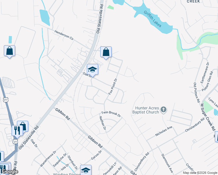 map of restaurants, bars, coffee shops, grocery stores, and more near 8611 Oak Drive in Charlotte