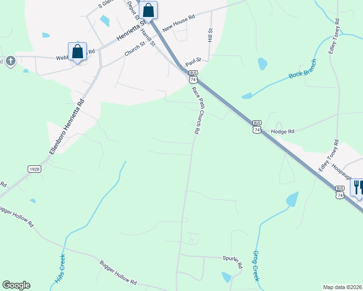 map of restaurants, bars, coffee shops, grocery stores, and more near 131 Sunnybrook Lane in Ellenboro