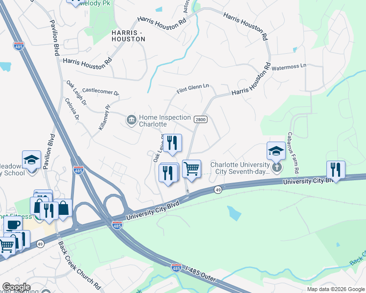 map of restaurants, bars, coffee shops, grocery stores, and more near 1903 Winsted Court in Charlotte