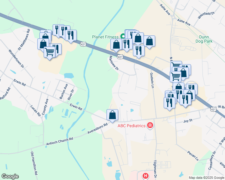 map of restaurants, bars, coffee shops, grocery stores, and more near 309 Thorndale Drive in Dunn