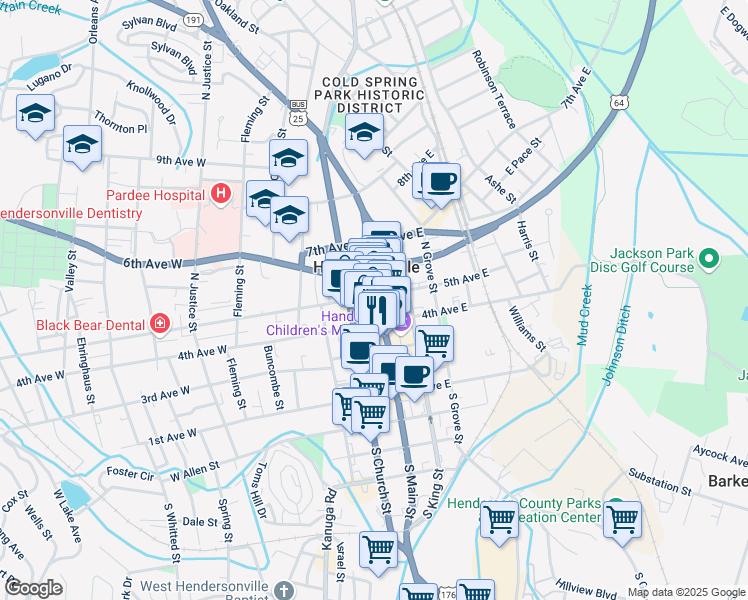 map of restaurants, bars, coffee shops, grocery stores, and more near 118 5th Avenue West in Hendersonville