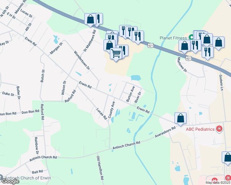 map of restaurants, bars, coffee shops, grocery stores, and more near 2206 Erwin Road in Dunn