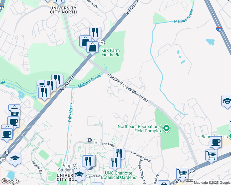 map of restaurants, bars, coffee shops, grocery stores, and more near 300 Michelle Linnea Drive in Charlotte