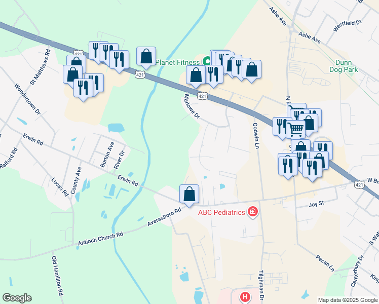 map of restaurants, bars, coffee shops, grocery stores, and more near 309 Thorndale Drive in Dunn