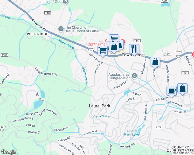 map of restaurants, bars, coffee shops, grocery stores, and more near 220 Daniel Drive in Laurel Park