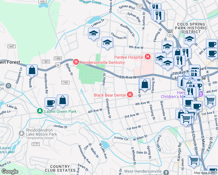 map of restaurants, bars, coffee shops, grocery stores, and more near 536 Ehringhaus Street in Hendersonville