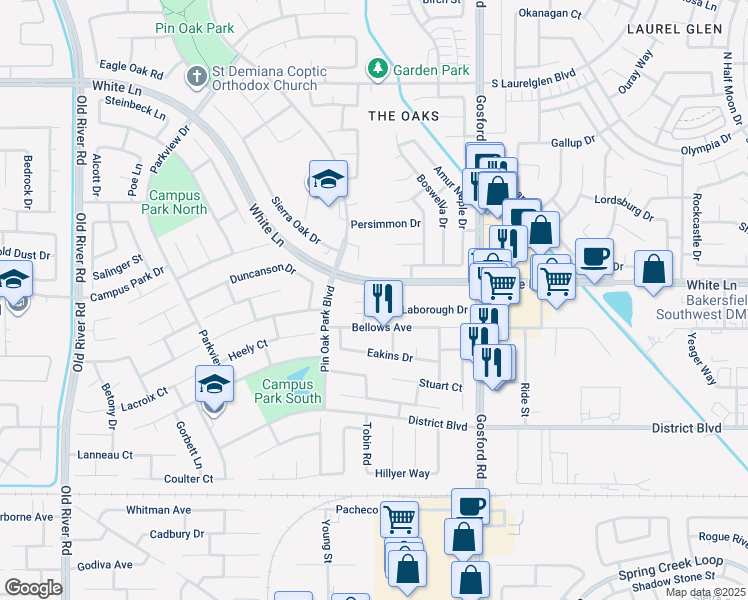 map of restaurants, bars, coffee shops, grocery stores, and more near 8506 Laborough Drive in Bakersfield