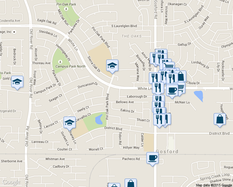 map of restaurants, bars, coffee shops, grocery stores, and more near 8506 Laborough Drive in Bakersfield