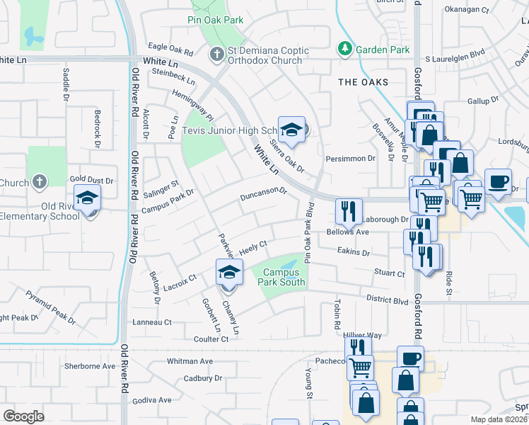 map of restaurants, bars, coffee shops, grocery stores, and more near 8909 Gleeson Court in Bakersfield