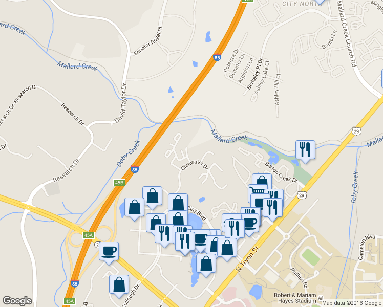 map of restaurants, bars, coffee shops, grocery stores, and more near 607 Mountainwater Drive in Charlotte