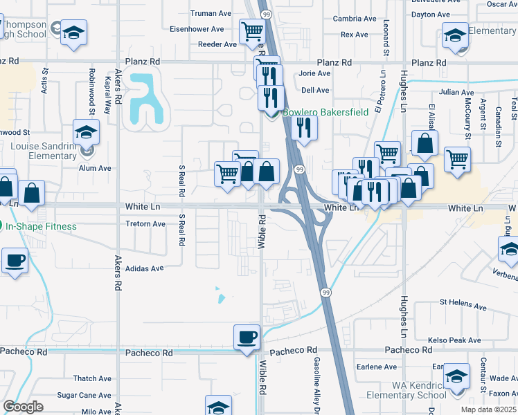 map of restaurants, bars, coffee shops, grocery stores, and more near 4101 Wible Road in Bakersfield