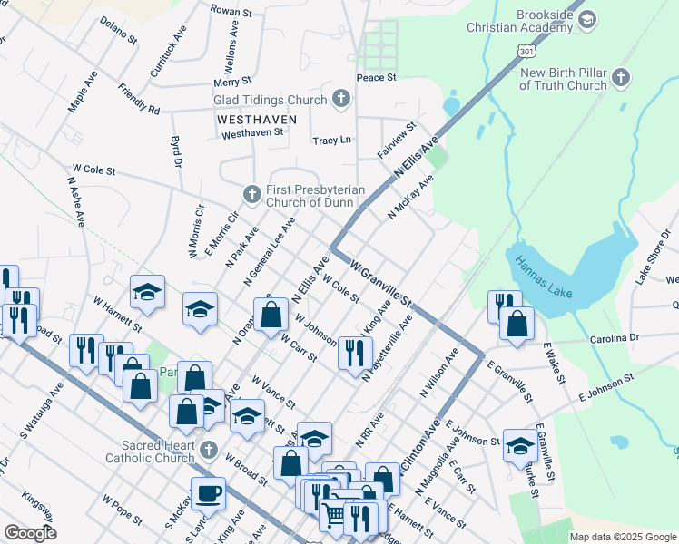 map of restaurants, bars, coffee shops, grocery stores, and more near 905 North McKay Avenue in Dunn