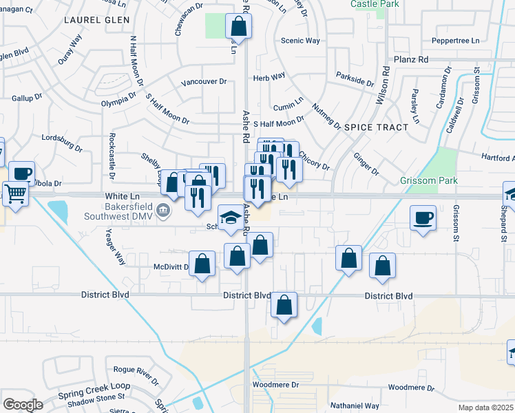 map of restaurants, bars, coffee shops, grocery stores, and more near 6401 White Lane in Bakersfield