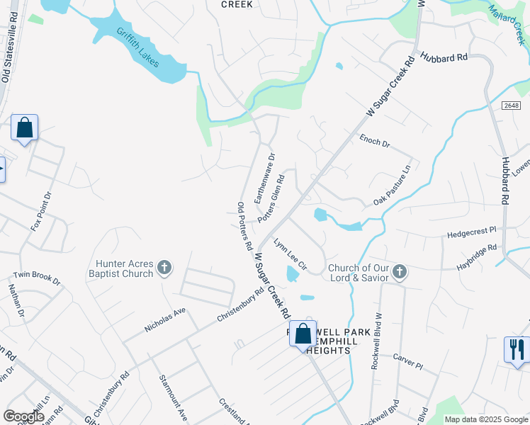 map of restaurants, bars, coffee shops, grocery stores, and more near 4609 Potters Glen Road in Charlotte