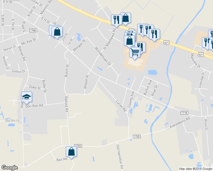 map of restaurants, bars, coffee shops, grocery stores, and more near 109 Lucas Road in Dunn