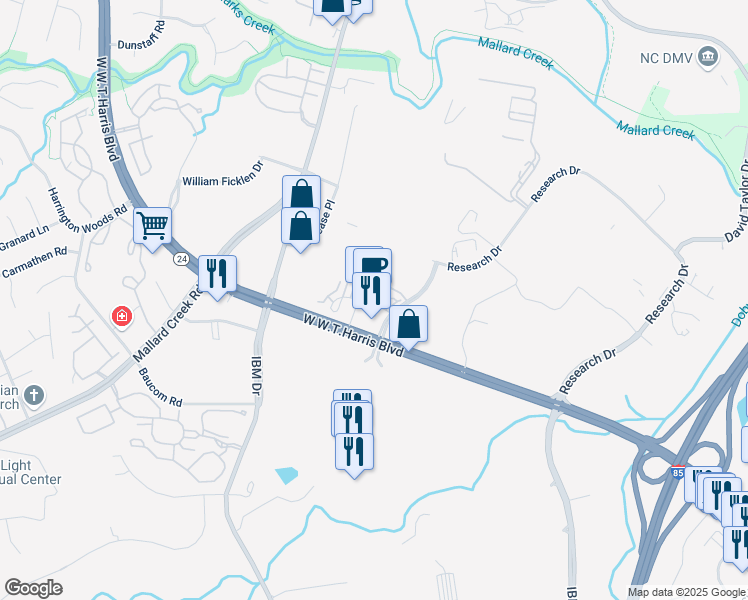 map of restaurants, bars, coffee shops, grocery stores, and more near 1520 Overland Park Lane in Charlotte
