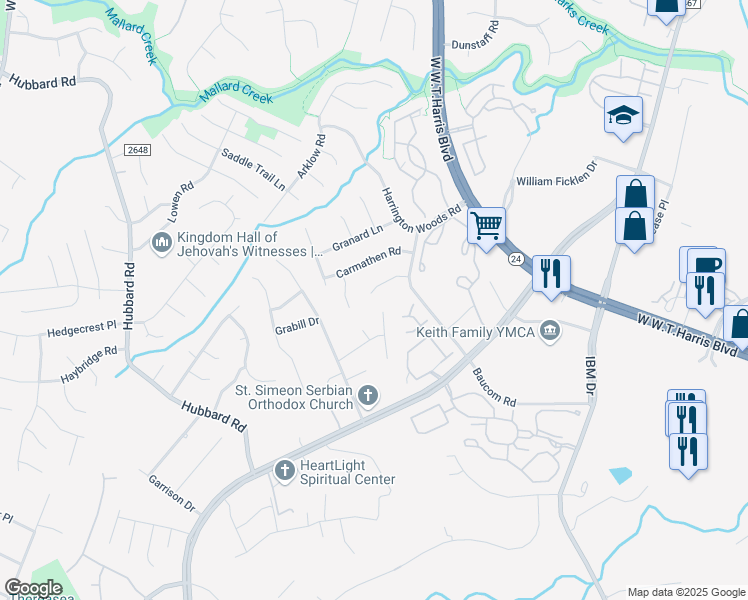 map of restaurants, bars, coffee shops, grocery stores, and more near 2449 Brathay Court in Charlotte