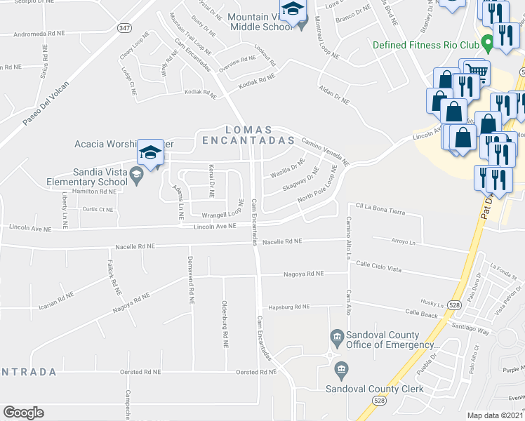 map of restaurants, bars, coffee shops, grocery stores, and more near 3845 North Pole Loop Northeast in Rio Rancho