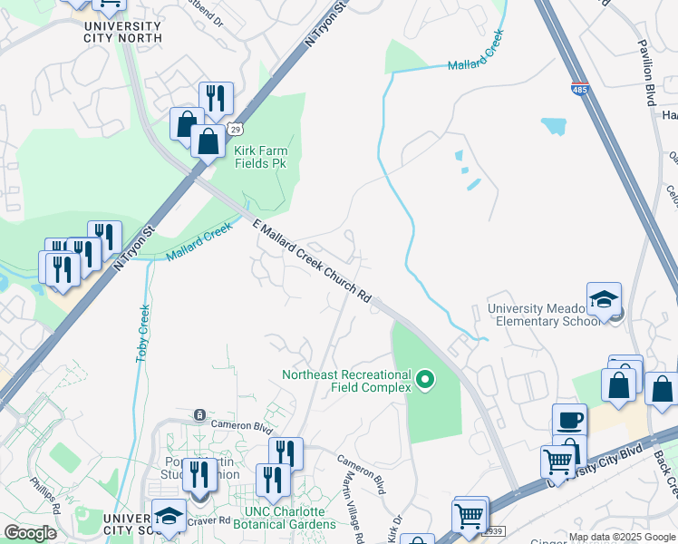 map of restaurants, bars, coffee shops, grocery stores, and more near 655 East Mallard Creek Church Road in Charlotte