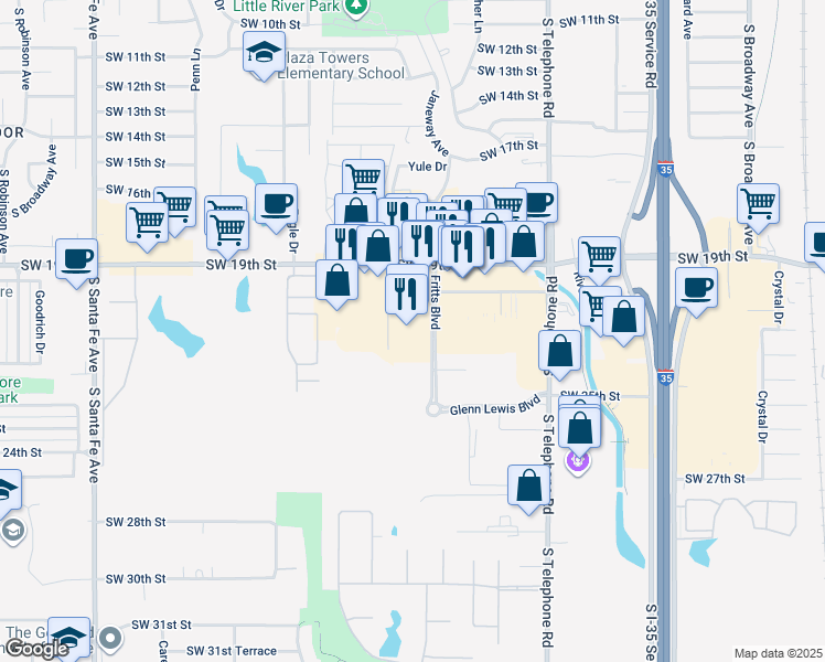 map of restaurants, bars, coffee shops, grocery stores, and more near 720 Southwest 19th Street in Moore