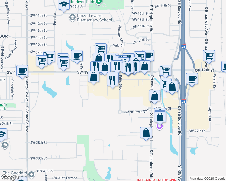map of restaurants, bars, coffee shops, grocery stores, and more near 720 Southwest 19th Street in Moore