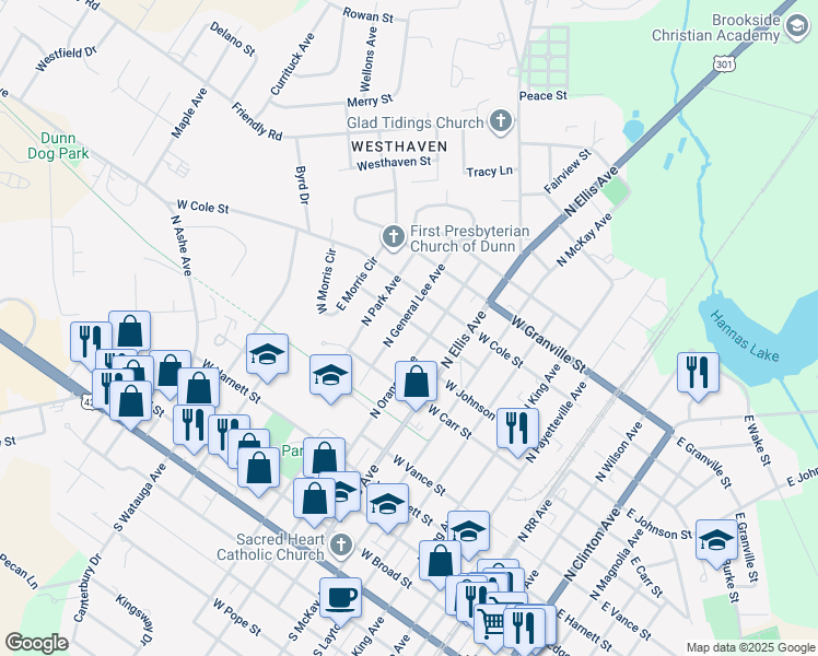 map of restaurants, bars, coffee shops, grocery stores, and more near 710 North General Lee Avenue in Dunn