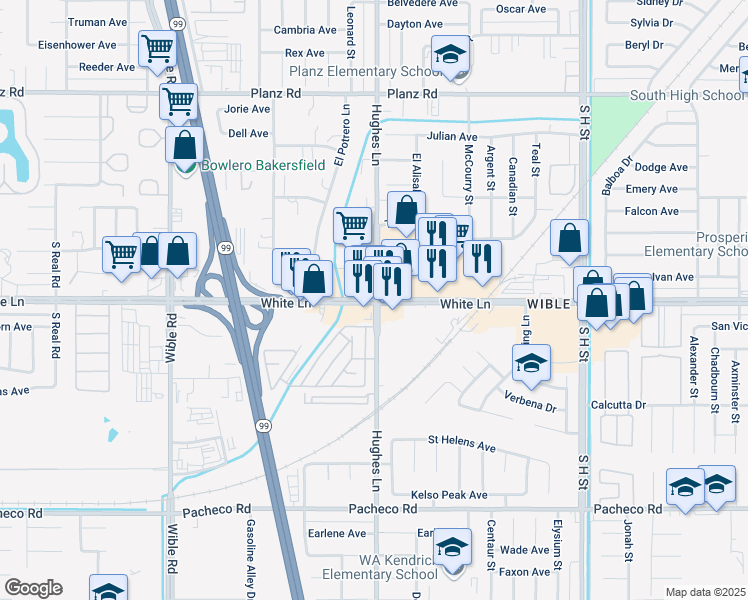 map of restaurants, bars, coffee shops, grocery stores, and more near 2401 White Lane in Bakersfield