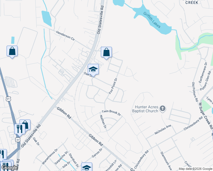 map of restaurants, bars, coffee shops, grocery stores, and more near 4426 Oakburn Drive in Charlotte