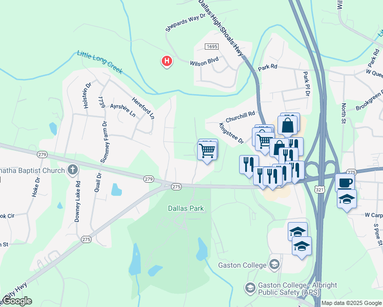 map of restaurants, bars, coffee shops, grocery stores, and more near 1302 Dallas Cherryville Highway in Dallas