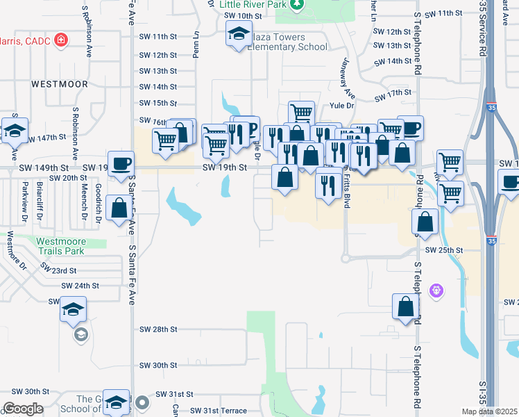 map of restaurants, bars, coffee shops, grocery stores, and more near 800 Southwest 19th Street in Moore