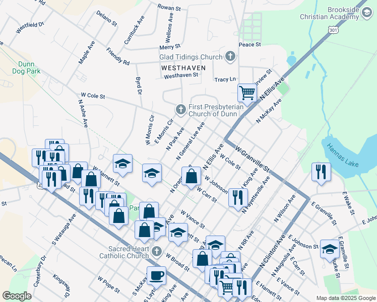 map of restaurants, bars, coffee shops, grocery stores, and more near 710 North General Lee Avenue in Dunn