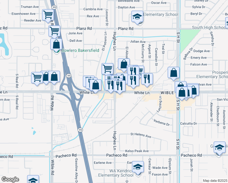 map of restaurants, bars, coffee shops, grocery stores, and more near 2500 White Lane in Bakersfield