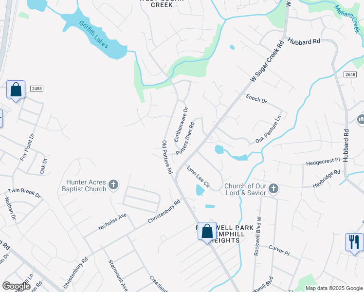 map of restaurants, bars, coffee shops, grocery stores, and more near 4615 Potters Glen Road in Charlotte