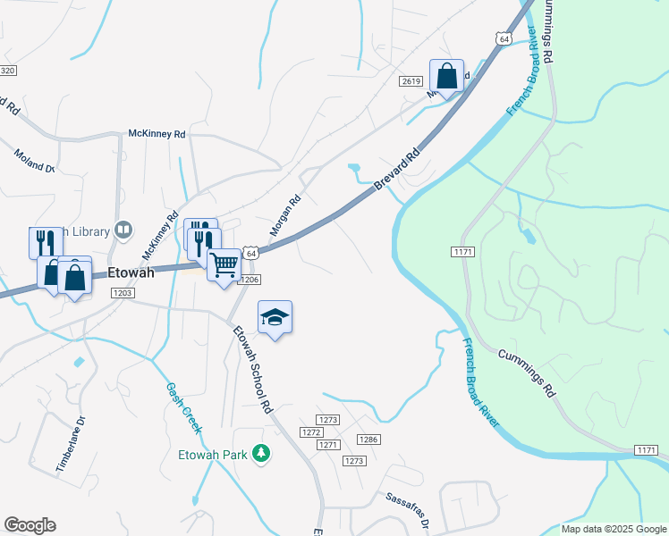 map of restaurants, bars, coffee shops, grocery stores, and more near 33 Averys Drive in Etowah